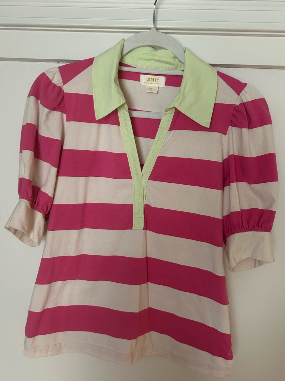 Maeve Pink and Cream Striped Polo with Lime Collar